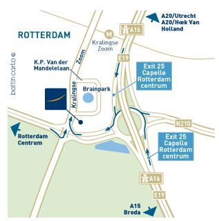 Routebeschrijving naar Novotel Rotterdam Brainpark Per auto: vanuit Utrecht/Den Haag: Neem de A20 richting Rotterdam en dan de A16 naar Dordrecht. Volg Capelle a/d IJssel/Rotterdam Centrum.