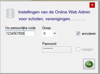 STANDAARD: Paswoord = paswoord Persoonlijke code: 1234567890 Groep: 0 Vul eerst uw paswoord in en klik op het vinkje wat u wenst te veranderen.