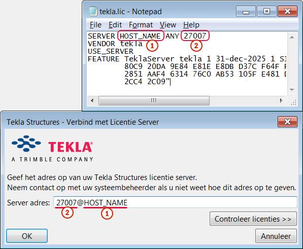 2. Als u Tekla Structures met de licentieserver wilt verbinden, voert u de port@hostname-gegevens in het dialoogvenster Verbind met Licentieserver in, bijvoorbeeld 27007@HOST_NAME.