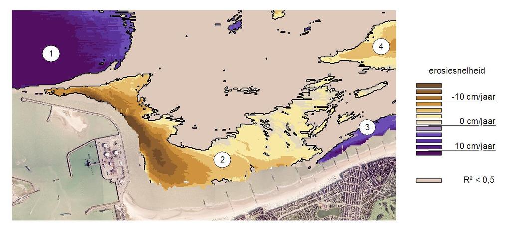 Erosie-/sedimentatiemap wegfilteren zones waar geen trend waarneembaar is (waar te grote variatie is in verandering in diepte van jaar tot jaar) Vier zones tekenen
