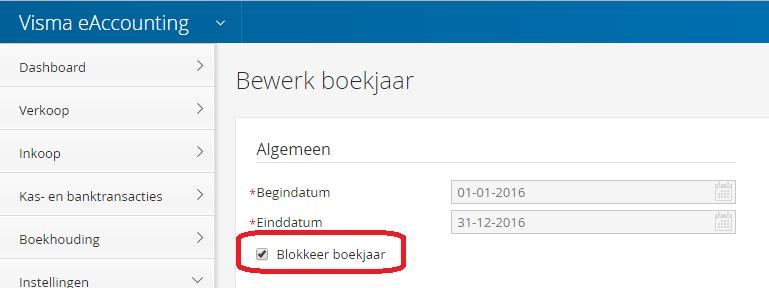 Zet een vinkje bij Blokkeer boekjaar en bewaar vervolgens deze keuze. Om de periodes t/m december 2016 te blokkeren gaat u naar het menu Instellingen Bedrijf en kiest u de tab Boekhouding.
