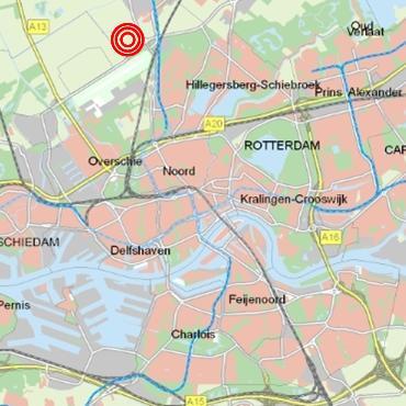 Figuur 3 Locatie KNMI meetstation 344 Rotterdam Voor elke bui is met (3) de ledigingstijd berekend gebaseerd op een maximale vulling van 70% en een totale ledigingstijd van de betreffende