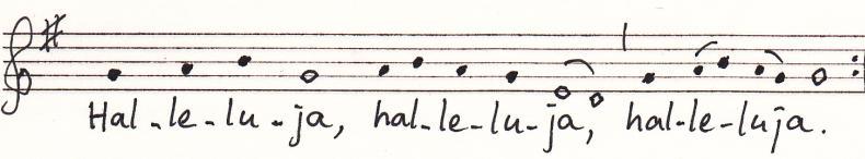 halleluja cantorij: Halleluja, halleluja, halleluja, door allen herhaald: lied 670 : 1(allen), 2(cantorij), 3(a), 4(c), 5(a), 6(c), 7(a) 2.