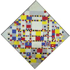 Een voorbeeld van amorele kunst is Victory Boogie Woogie (afb. 7) van Piet Mondriaan uit 1942-1944. 34 Het is een niet voltooid canvas met daarop olieverf, stukjes papieren plastic en zwart krijt.