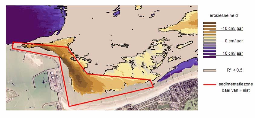 Figuur 7 Erosie in cm/jaar in de baai van Heist, enkel de gebieden met R² > 0,5 zijn weergegeven Met behulp van Figuur 7 is de zone waarin in de baai van Heist sedimentatie optreedt goed af te