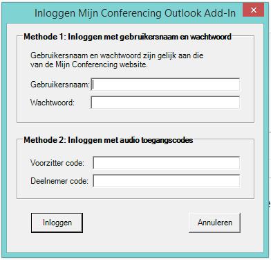 Inloggen Mijn Conferencing Outlook Add-In Na eerste installatie van de Mijn Conferencing Outlook Add-In, dient u in te loggen om de gegevens van uw ConferenceCard op te halen.
