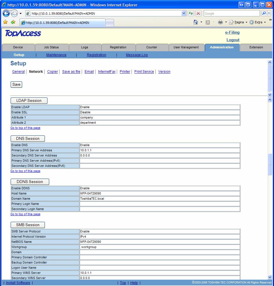 LDAP instellen via TopAccess Open TopAccess ga naar Administration (login met 123456) en ga vervolgens naar Setup, Network 1.