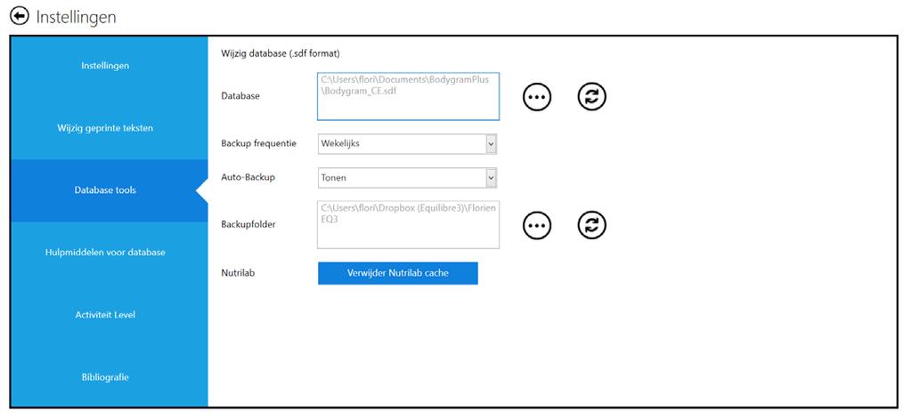 3.2. Opslaan van de clientgegevens (database-tools) De metingen die je uitvoert worden standaard opgeslagen in een map op je C schijf( documenten/bodygramplus/bodygram_ce.sdf)op je computer.