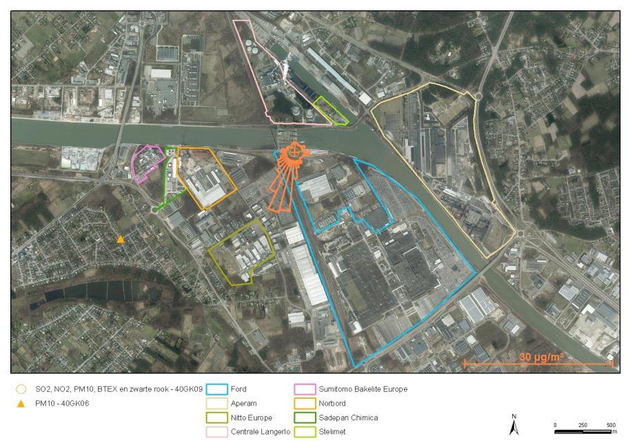 Figuur 21: Pollutieroos tolueen (212) Besluit Zware metalen in PM 1 -stof In 212 is er voor het eerst sinds de start van de metingen geen overschrijding van de EUstreefwaarde van nikkel.