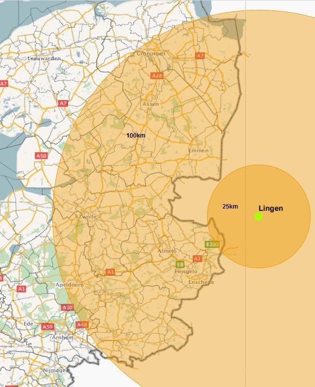 figuur 8 maatregelzones KKE 10 km Evacuatie- en schuilzone (overlapt geen Nederlands grondgebied) 25 km Zone voorbereiding jodiumpredistributie 100 km Zone voorbereiding jodiumdistributie In de