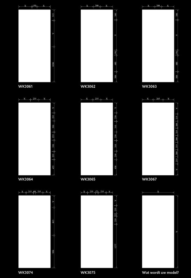 WK3064 WK3065 WK3067 400 1650 350 250 1650 350 410 350 1650 215 60 215 950 815 235 77 235 1277 235 77 235? Wat wordt uw model?