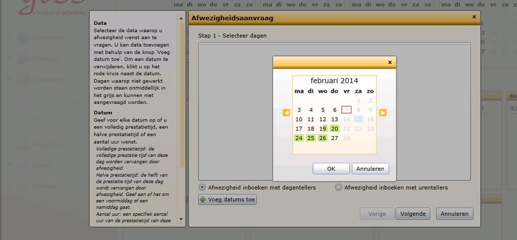 Tweede mogelijkheid om je verlof aan te vragen: 2.2 Via aanvraag afwezigheid Klik in de linkerkolom op je scherm op Aanvragen en vervolgens op Aanvraag afwezigheid Dan verschijnt volgend scherm.