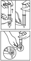 Stap 2. Laat luchtbelletjes zich naar de punt van de doseerspuit verplaatsen a. Houd de doseerspuit met de punt omhoog. b. Tik met uw andere hand tegen de spuit.