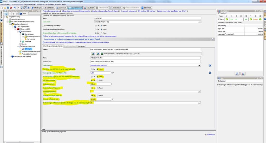 c. Vervolledigen parameters warmtepomp Een aantal parameters, die afhankelijk zijn van de dimensionering van de installatie, dienen nog bij de bibliotheek elementen te worden ingevuld. i. Verander de waarde van <Toestel is voor 26/9/2015 op de markt gebracht> naar Neen ii.