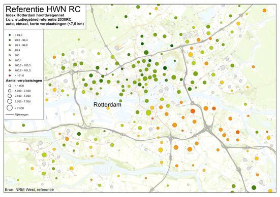 meeste) profiteert van de maatregelen. Uit de variant HWN blijkt dat het effect voor korte verplaatsingen overwegend positiever is dan het effect op lange verplaatsingen.