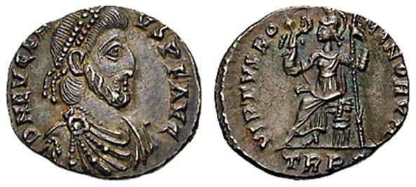 Eugenius. 392-394 n. C. AR Siliqua (1,75 g). Trierse munt. Flavius Eugenius (? - 6 september 394) was West-Romeins keizer van 22 augustus 392 tot 6 september 394.