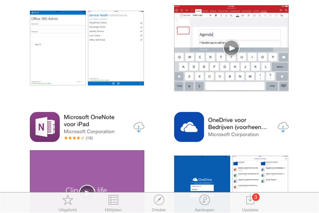 installeren. Installatie op ipad Zoek in de AppStore naar Office 365 Selecteer de applicatie van uw keuze, bijv.