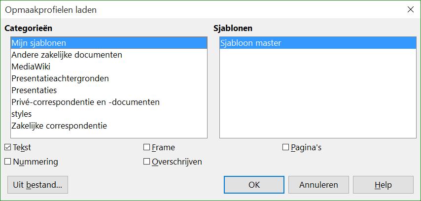 Afbeelding 6: Opmaakprofielen kopiëren vanuit een sjabloon in een geopend document 4) Selecteer, in de keuzevakjes onderaan het dialoogvenster, de typen opmaakprofielen om vanuit te kopiëren.