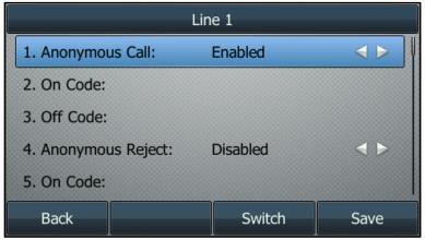 4.3 Anoniem bellen Ga naar Menu. Kies vervolgens de optie Features Anonymous Call. Druk op de of toets of de Switch context-toets om Enabled te selecteren in het Anonymous Call veld.