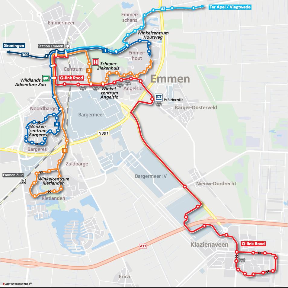 Naast de wijzigingen in de stadslijnen zal Qliner 300 van Groningen tot Station Emmen rijden. Voor de reizigers van- en naar Klazienaveen introduceren we een nieuwe lijn: Q-link rood.