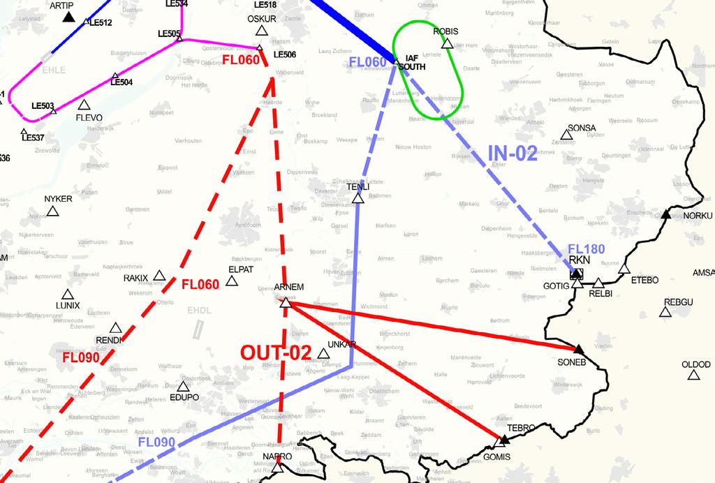 Kaart 5 Detailkaart Zuid-Oost naderingsroute vertrekroute wachtgebied Lelystad inzetten daling routepunt inboundroute (inkomend verkeer) nieuw inboundroute (inkomend verkeer) bestaande ATS-route