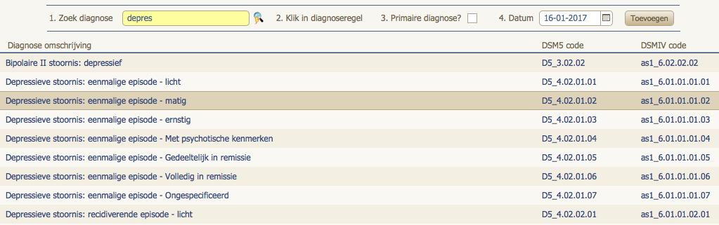 vastleggen. In een slim zoekveld vult u een (gedeelte van een) trefwoord in, waarna direct een overzichtelijke lijst verschijnt met mogelijke diagnosecodes.