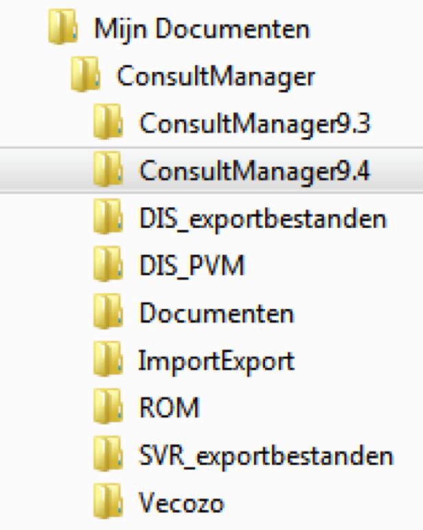 Heeft u het programma bijvoorbeeld geïnstalleerd in Mijn Documenten, dan moet de 3 mappen geplaatst worden in Mijn Documenten/ConsultManager/. Hier staat al de map ConsultManager9.