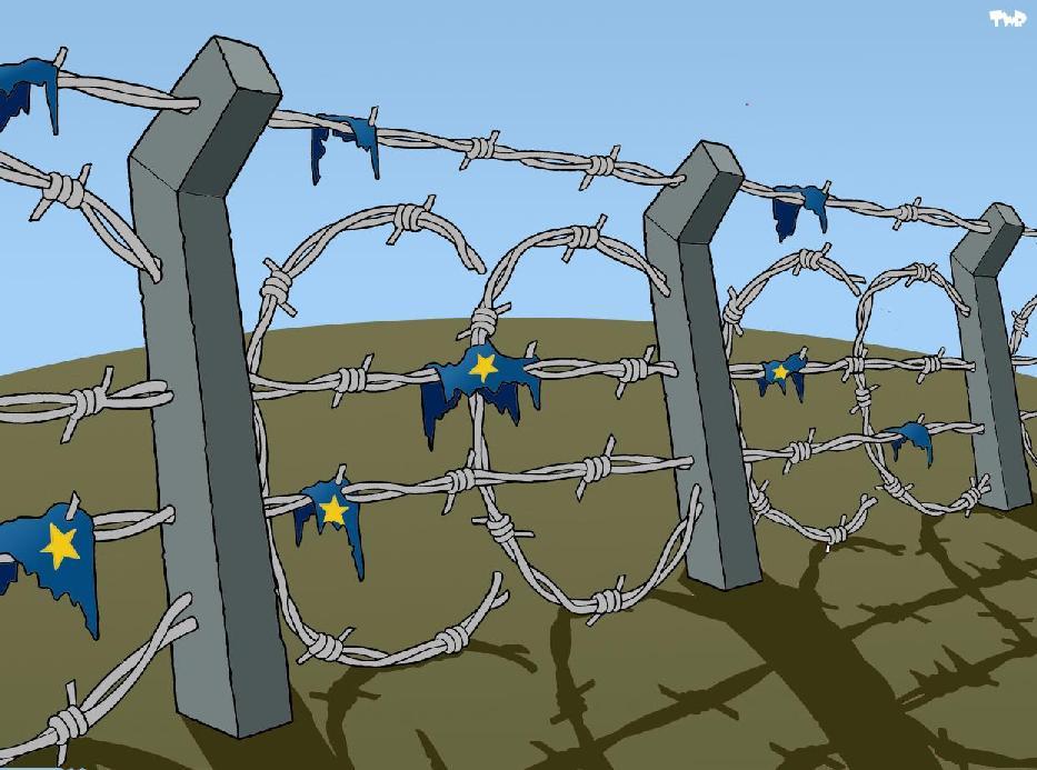 Spotprent: "European Border" (Europese grens) "Hoe beschaafder we (denken te) worden, hoe harder we proberen anderen buiten te houden.