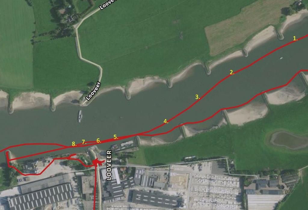 Afbeelding 2: Een korte weergave van de gebeurtenissen met toelichting op posities 1. Roeiboot vaart langs de rechteroever richting Looveer stroomafwaarts met ongeveer 15 km/h. 2. Roeiboot heeft kunnen zien dat de pont naar de rechteroever vaart of is gevaren en zet koers naar het midden van de rivier 3.
