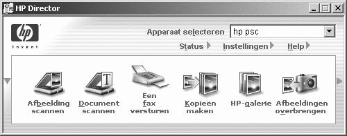 Overzicht van de HP PSC 3 Selecteer de HP PSC 2500 Series. In HP Director (HP-dirigent) worden alleen de pictogrammen weergegeven die geschikt zijn voor het geselecteerde apparaat.