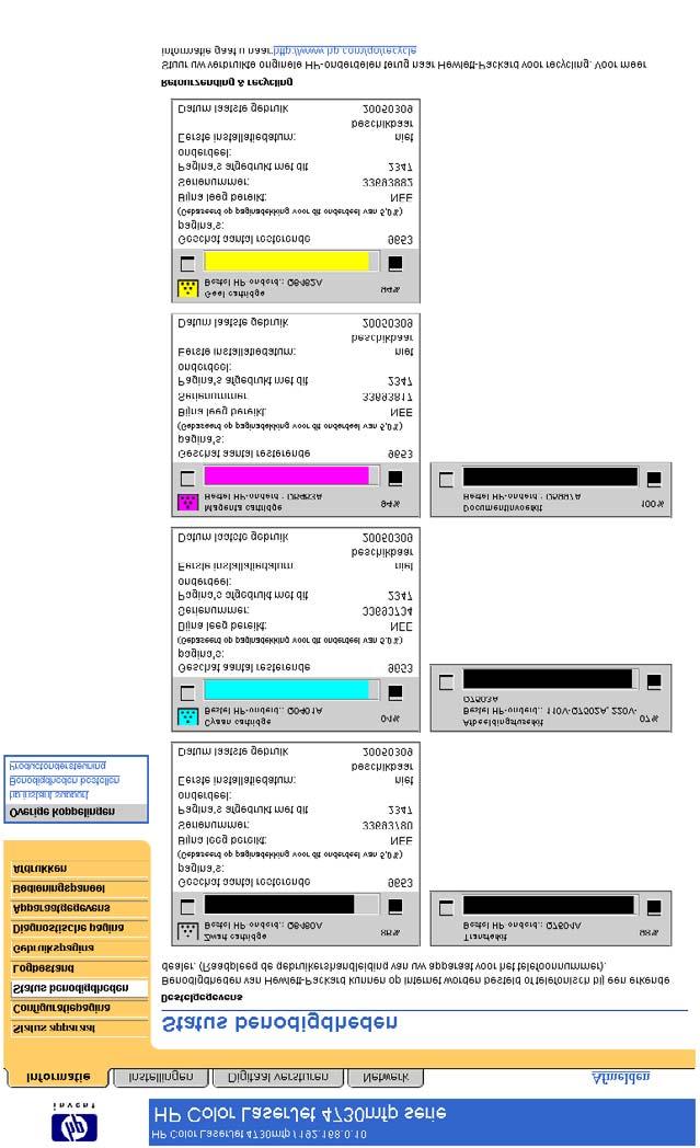 Informatie Status benodigdheden Het scherm Status benodigdheden geeft gedetailleerde informatie over de benodigdheden weer en toont onderdeelnummers voor de originele HP-benodigdheden.