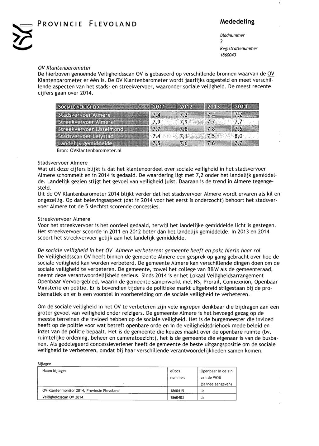 PROVINCIE FLEVOLAND Mededeling Bladnummer 2 Registratienummer 1860043 OV Klantenbarometer De hierboven genoemde Veiligheidsscan OV is gebaseerd op verschillende bronnen waarvan de OV Klantenbarometer