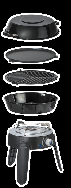 kookoppervlakken; een brander met pandrager, een BBQ rooster, een bakplaat en een pan (die