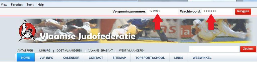 2. Inloggen Via de website van de Vlaamse Judofederatie krijgt u als secretaris de mogelijkheid om in te loggen op de applicatie.