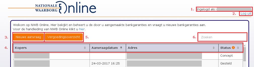 3. Hoofdpagina NWB Online Zodra u inlogt, komt u op de hoofdpagina terecht. Opbouw van de hoofdpagina: 1. Uw kantoornaam.