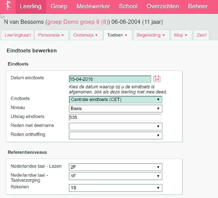 Losstaand van deze gegevens die relevant zijn voor de BRONuitwisseling wordt de eindtoets in uitgebreidere vorm ook geïmporteerd als nietmethodetoets (Te vinden