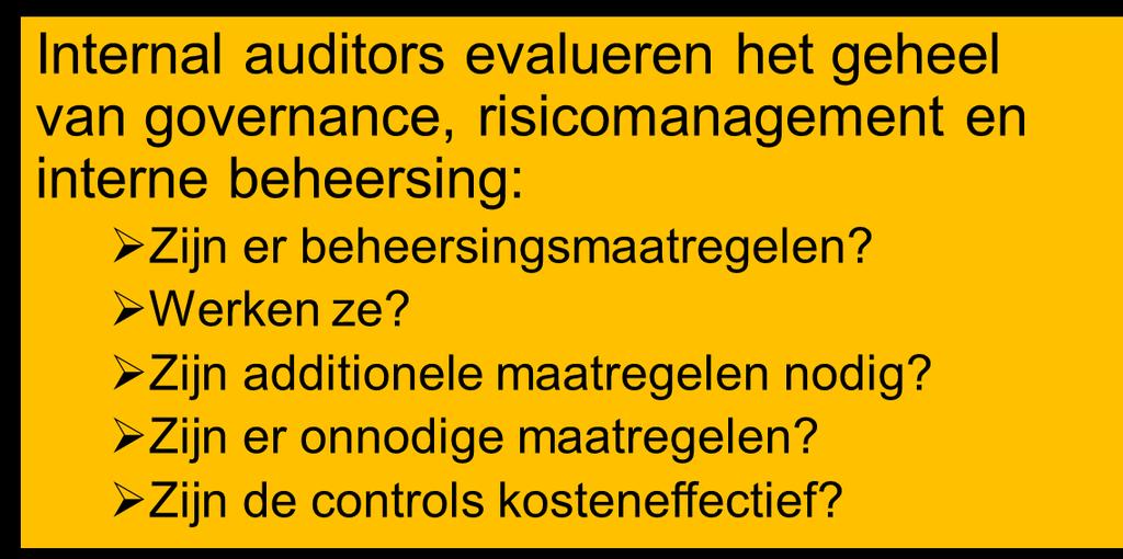 Wat doen internal auditors Evaluatie van risico s Assessment van controls Review van processen & procedures