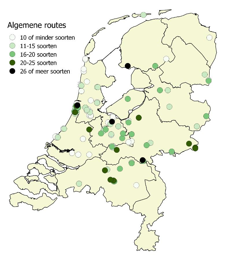 In maart 2017 zijn resultaten van 174 algemene routes en 200 soortgerichte routes ingeleverd (totaal dus 374) over 2016.