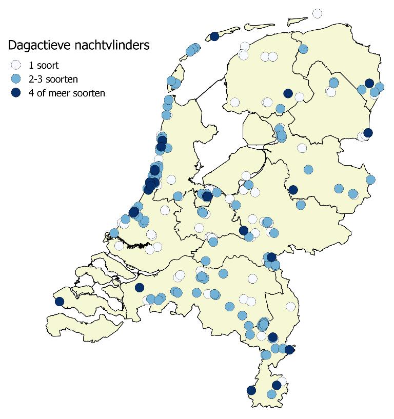 Op 255 routes zijn ook de dagactieve nachtvlinders geteld en doorgegeven (figuur 3). Ze liggen goed verspreid door het land, maar in de Achterhoek en Zeeland zouden extra routes welkom zijn.