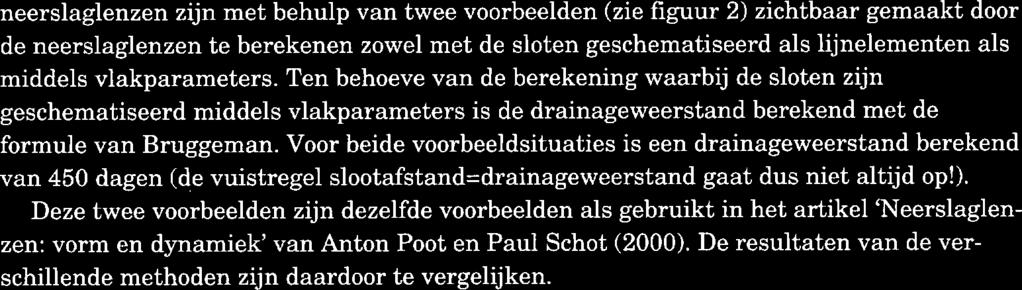 - neerslaglenzen zijn met behulp van twee voorbeelden (zie figuur 2) zichtbaar gemaakt door de neerslaglenzen te berekenen zowel met de sloten geschematiseerd als lijnelementen als middels