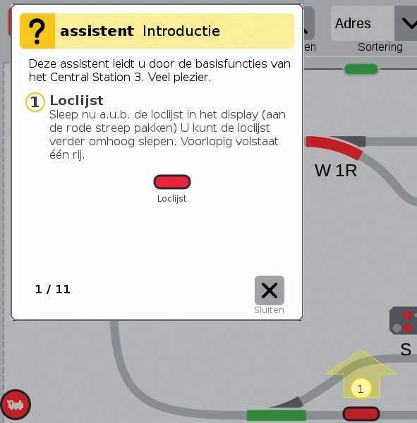 Hier kunt u de gebruikerstaal instellen. De Nederlandse taal is al voorgeselecteerd. Bevestig de keuze met aantippen van Ok. Aansluitend verschijnt de introductieassistent ( afb. rechts) die u d.m.v. meerdere korte oefeningen de basisbeginselen leert kennen van de bediening van het CS3.