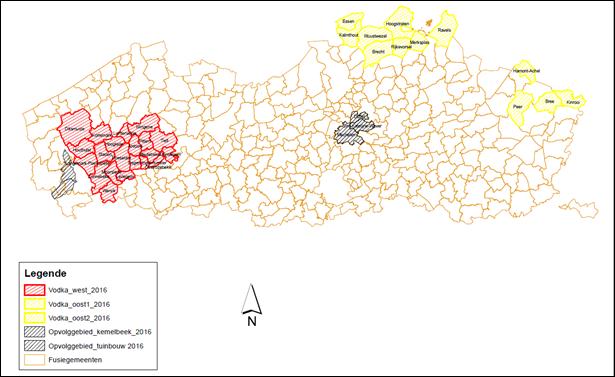 Figuur 105 VODKA-gebied 2015 met in het rood de VODKA-gemeenten Figuur 106 VODKA-gebied 2016 met in het rood en geel de VODKA-gemeenten en in het zwart de opvolggebieden (het afstroomgebied van de