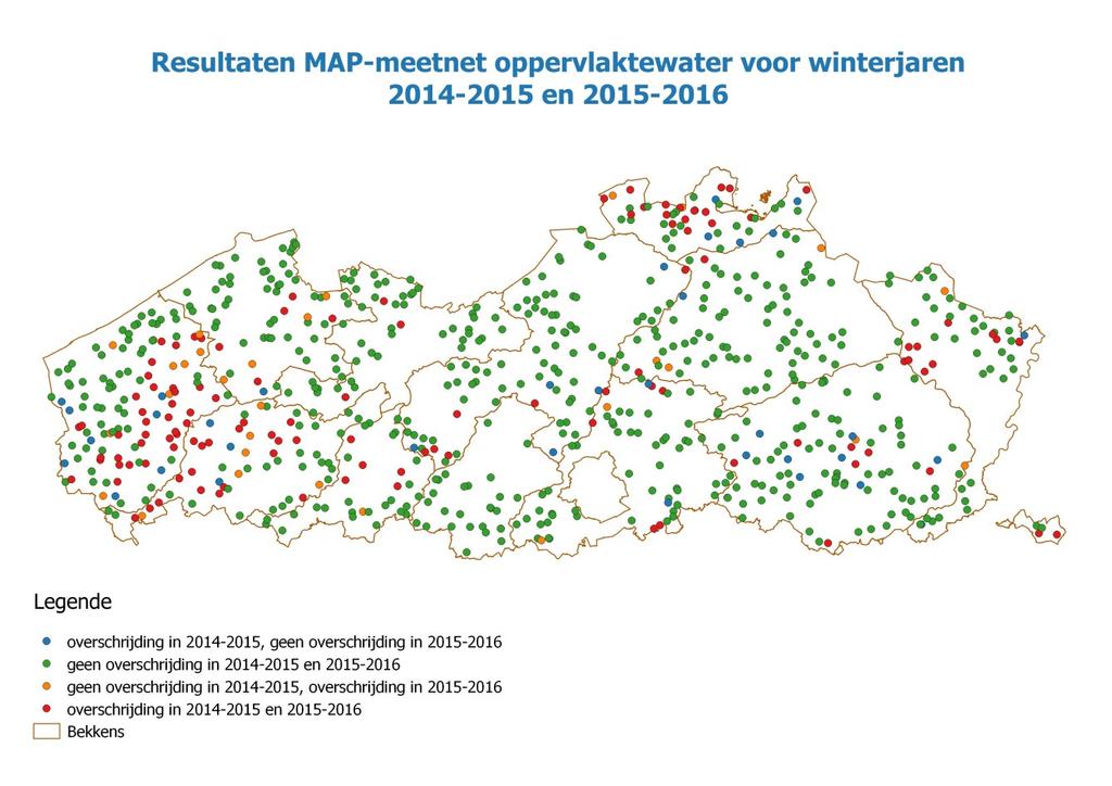 Figuur 68 Locatie meetpunten met en zonder overschrijdingen van de drempelwaarde van 50 mg NO 3- /l Cumulatief percentage meetplaatsen met overschrijding Figuur 69 toont voor de laatste zes