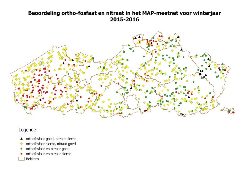 Figuur 78 beoordeling meetresultaten MAP-meetnet voor nitraat en orthofosfaat voor winterjaar 2015-2016 Figuur 79 geeft de klasseverdeling per winterjaar sinds de uitbreiding van het meetnet weer.