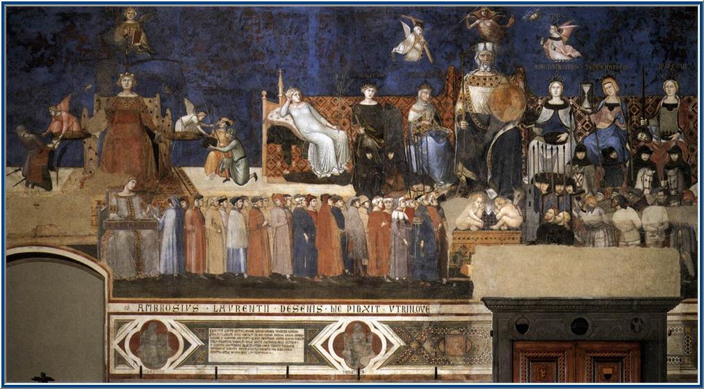 Goed Bestuur Ambrogio Lorenzetti,1340 Geloof, Hoop, en Liefde Justitia Vrede,