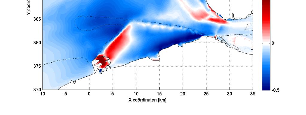 Figuur 9.8: Verschil in stroomsnelheid tussen scenario T0 en scenario T7a rond maximale vloedstroming.