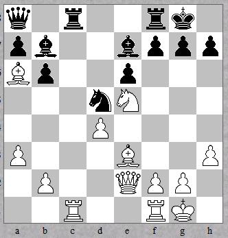 Een partij uit de interne 05-12-2013. Wit: Vincent Sewalt Zwart: Bert Coenen. 1.c4, c5 2.Pc3, b6 3.Pf3, Lb7 4.e3, e6 5.d4, cxd4 6.exd4, Pf6 7.Le2, Le7 8.0-0, 0-0 9.h3, d5 10.Lf4, dxc4 11.Lxc4, Pc6 12.