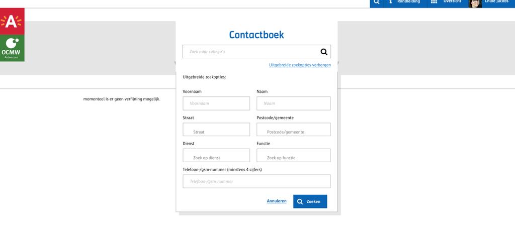Vul het veld in en klik op Opslaan. Je collega s zien nu in het Contactboek je Extra informatie. 2. Hoe zoek ik iemand, als ik zijn naam niet ken?