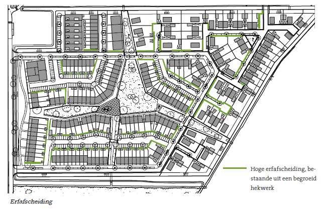 Dit betekent dat er aan de achterzijde van elke woning een begroeid hekwerk met poort wordt geplaatst en dat bij de zijtuinen van Bouwnummers 14 en 15 een hoge haag wordt geplaatst.