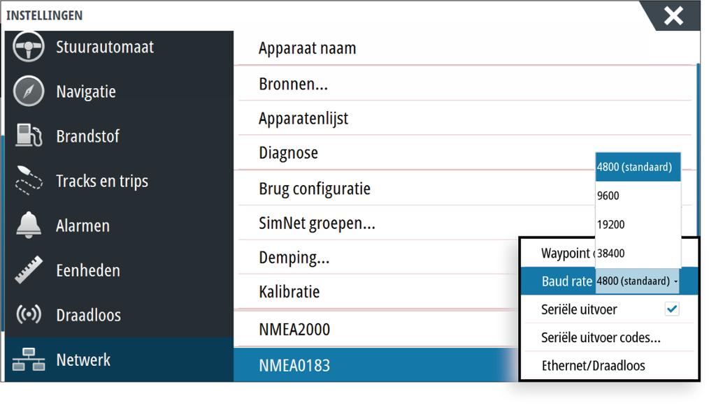 Waypoint ontvangen Selecteer deze optie om toe te staan dat een ander apparaat dat waypoints kan aanmaken en exporteren via NMEA 0183 direct gegevens kan overdragen naar deze unit.